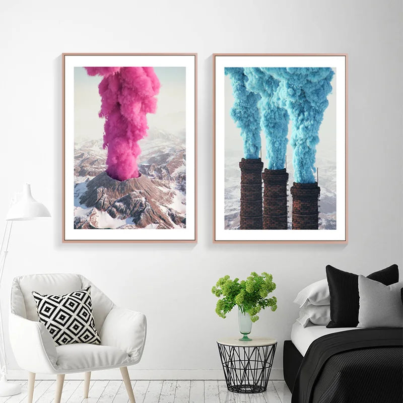 Lebendige Landschaften Wandkunst Feine Kunstleinwanddrucke - Vulkangebirge mit pinkem Rauch & Industrielüftern mit blauen Emissionen Lassen Sie sich von atemberaubenden Kontrasten zwischen Natur und Industrie inspirieren