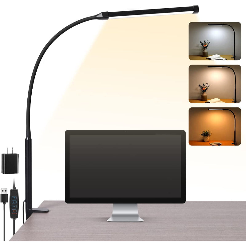 Karnz | LED Schreibtischlampe - Augenfreundliche Schreibtischlampe mit Klemme, Flexibler Schwenkarm, 3 Modi, 10 Helligkeitsstufen, USB-Adapter