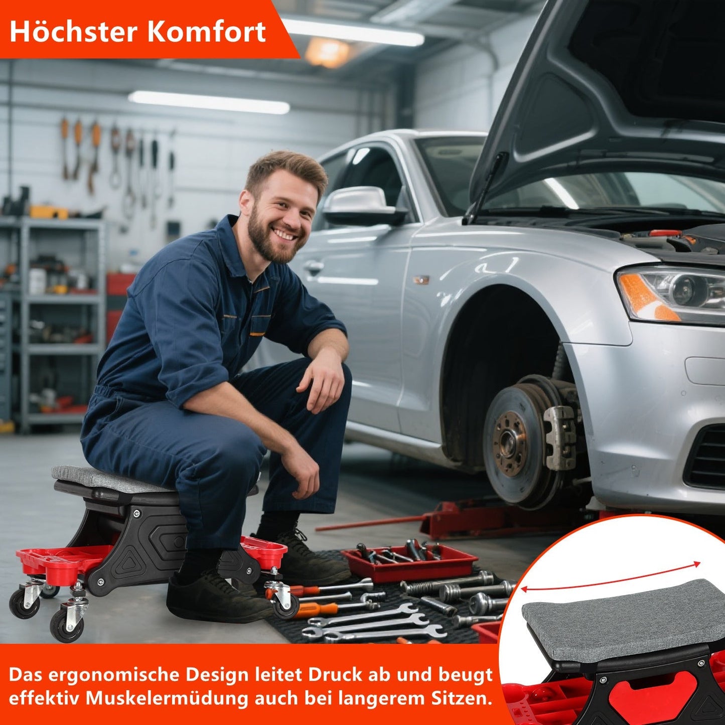Werkstatthocker Rollhocker mit Aufbewahrungsbox | Karnz
