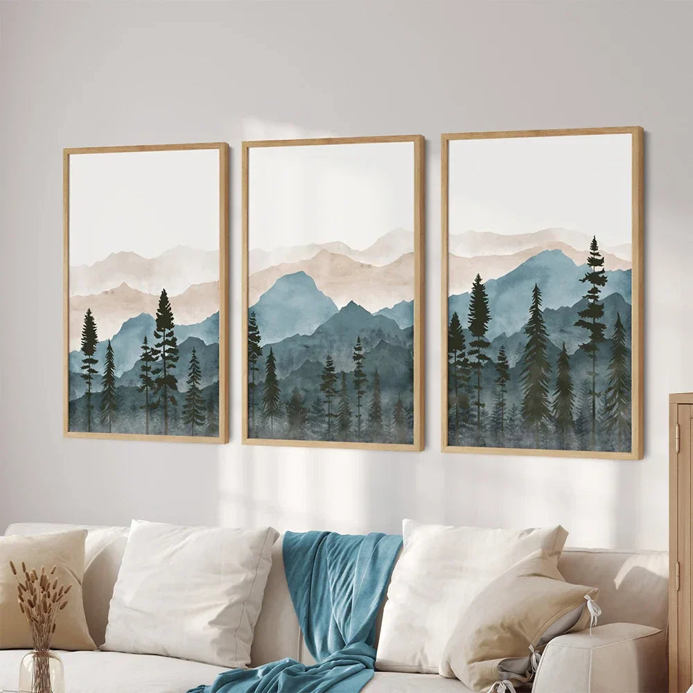 Wald Wildnis Berg Aquarell Wandkunst Fine Art Leinwanddrucke Nordische Landschaftsbilder Poster für Wohnraum Kunst Dekor