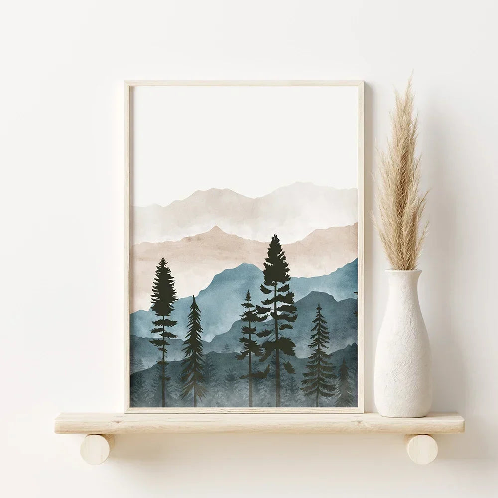 Wald Wildnis Berg Aquarell Wandkunst Fine Art Leinwanddrucke Nordische Landschaftsbilder Poster für Wohnraum Kunst Dekor