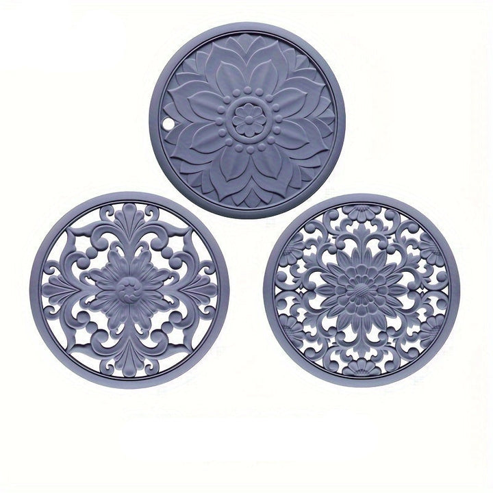 3er-Set hitzebeständige Silikonmatten mit Blumenmuster – Hitzebeständig bis 230 °C, rutschfest, 16 cm