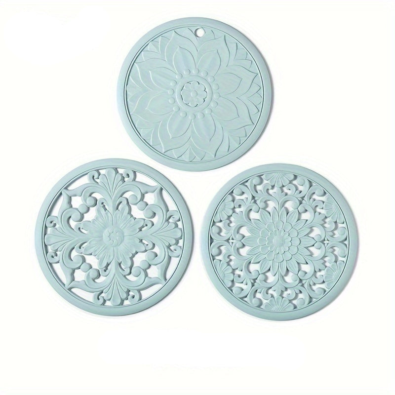 3er-Set hitzebeständige Silikonmatten mit Blumenmuster – Hitzebeständig bis 230 °C, rutschfest, 16 cm