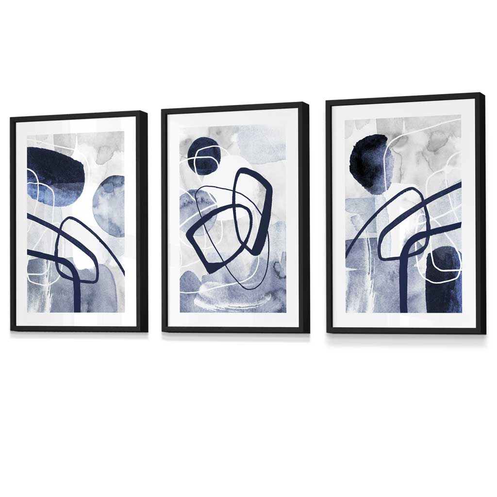 Abstrakte marineblaue Formen, 3er-Set gerahmter Wandbilder