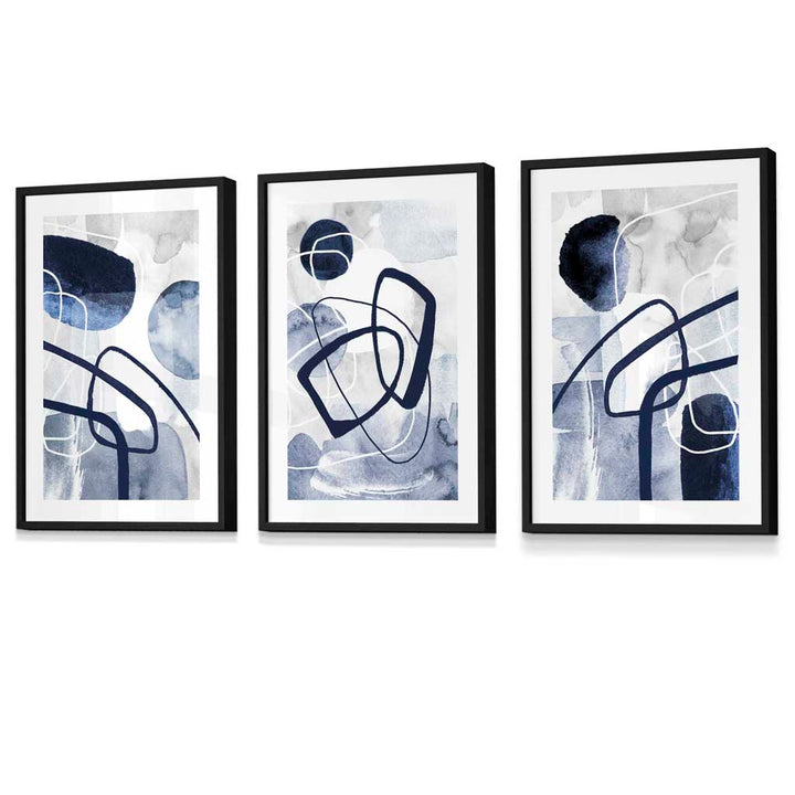 Abstrakte marineblaue Formen, 3er-Set gerahmter Wandbilder