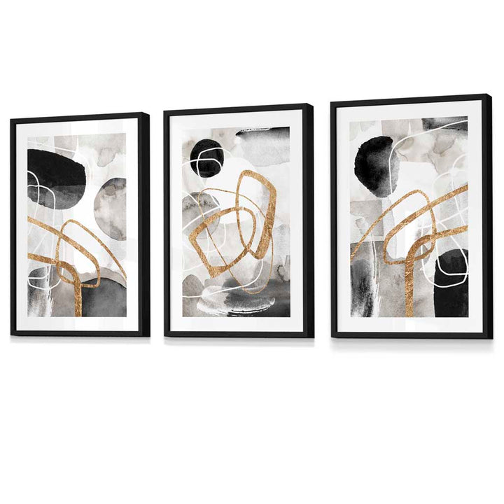 Abstrakte schwarze, graue und goldene Formen, Set aus 3 gerahmten Wandbildern