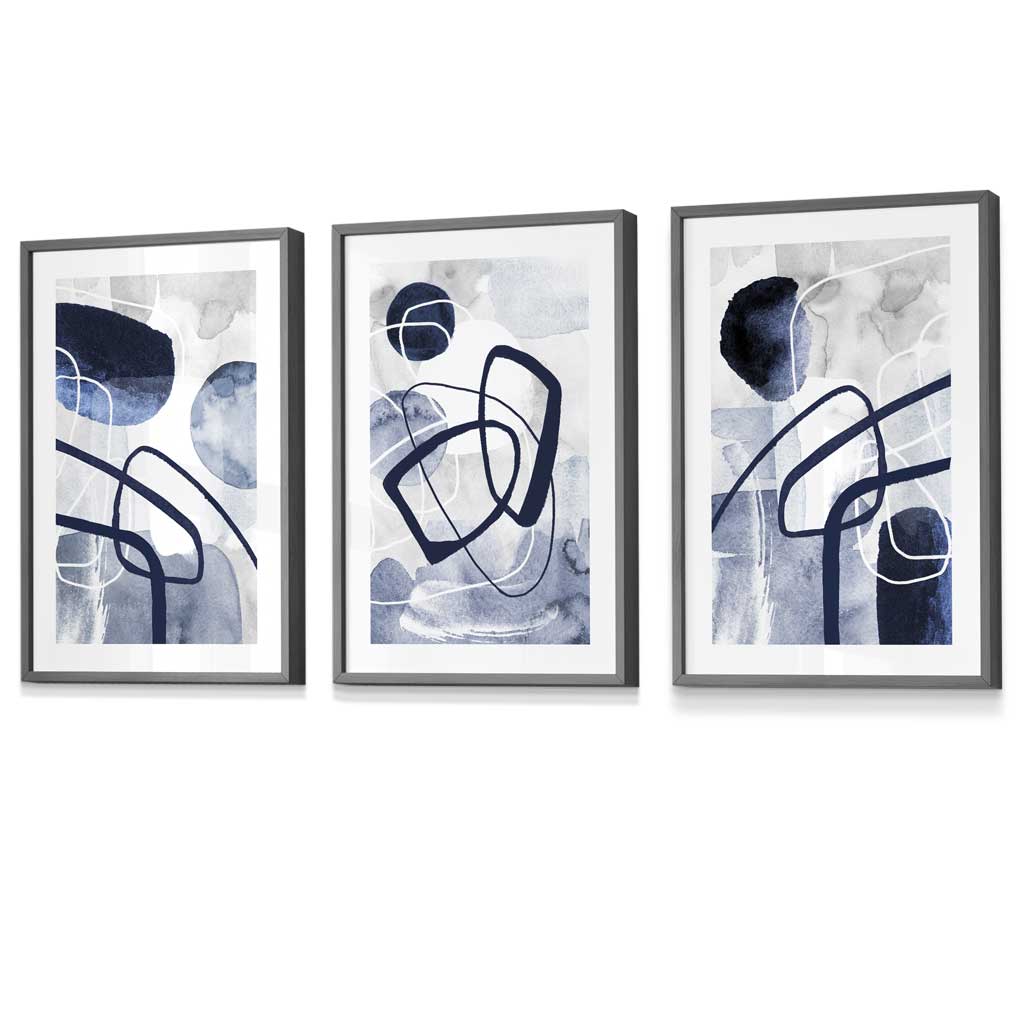 Abstrakte marineblaue Formen, 3er-Set gerahmter Wandbilder