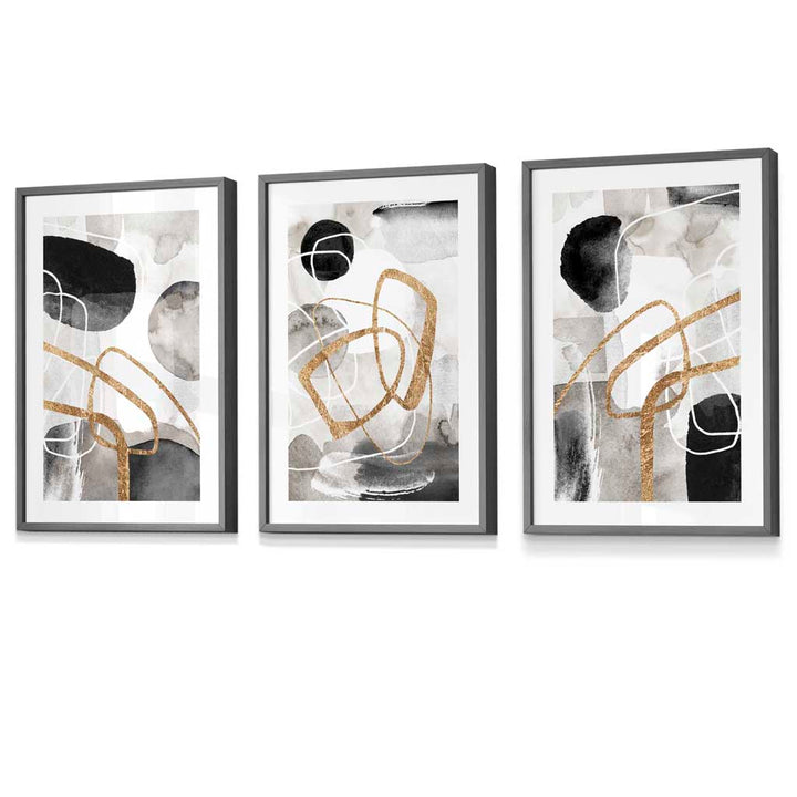 Abstrakte schwarze, graue und goldene Formen, Set aus 3 gerahmten Wandbildern