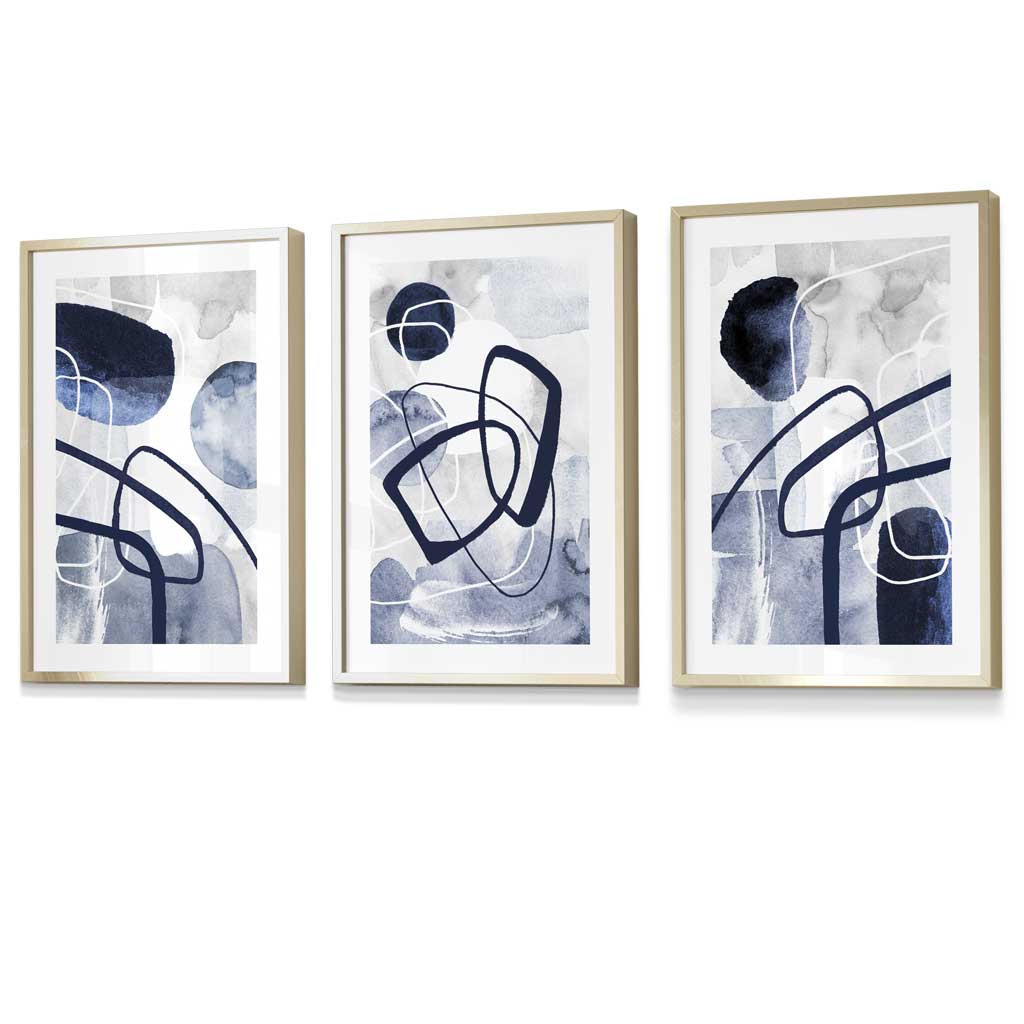 Abstrakte marineblaue Formen, 3er-Set gerahmter Wandbilder