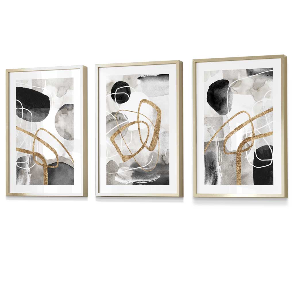 Abstrakte schwarze, graue und goldene Formen, Set aus 3 gerahmten Wandbildern