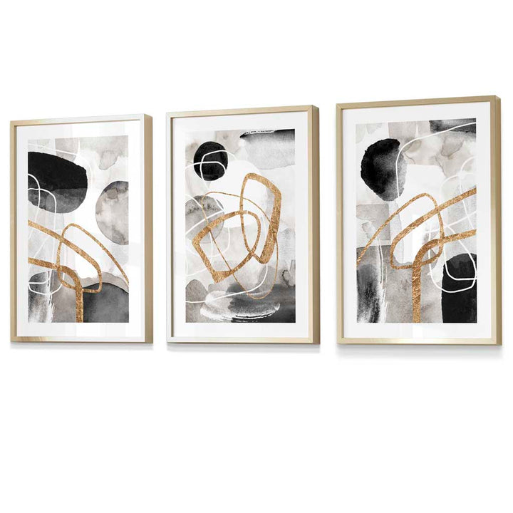 Abstrakte schwarze, graue und goldene Formen, Set aus 3 gerahmten Wandbildern
