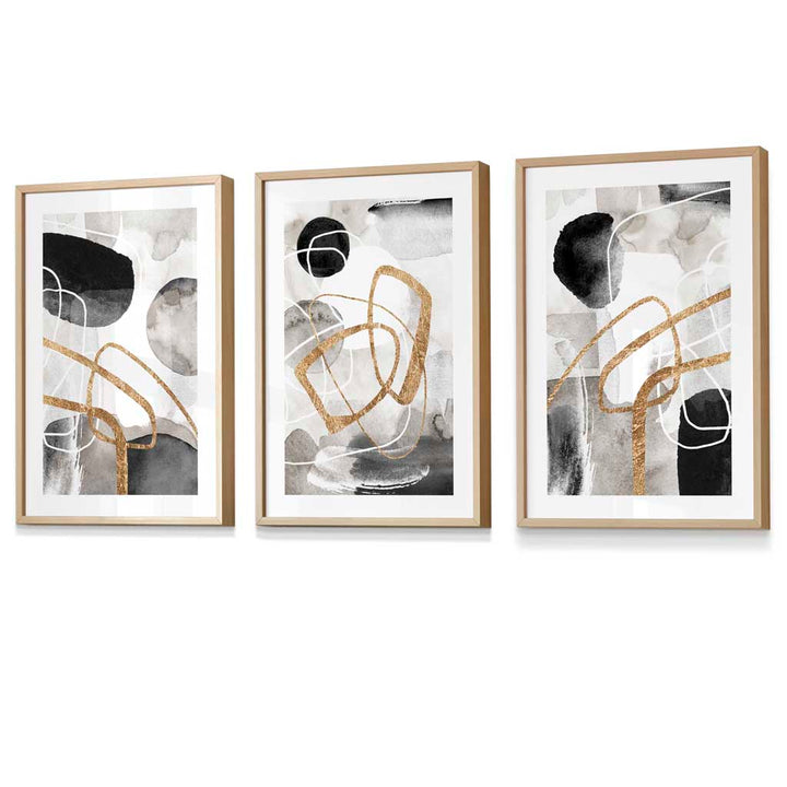 Abstrakte schwarze, graue und goldene Formen, Set aus 3 gerahmten Wandbildern