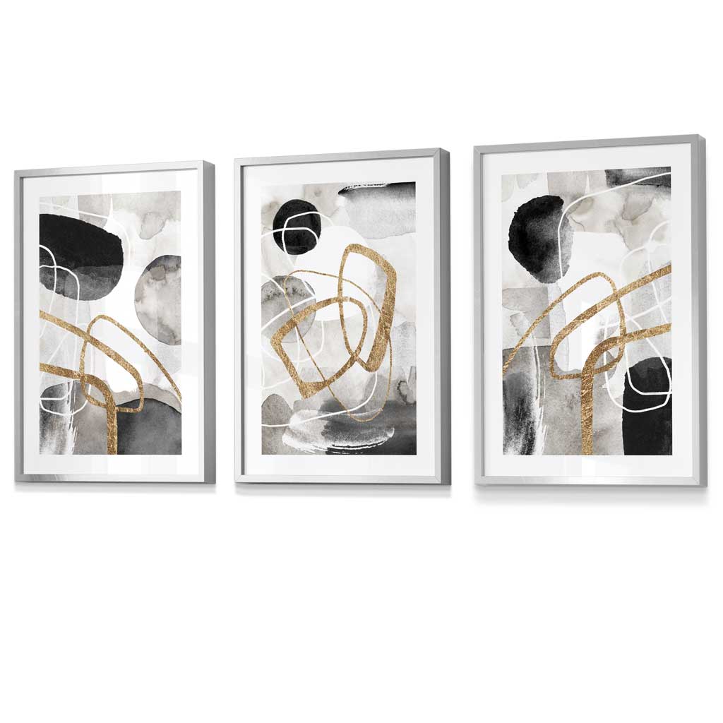 Abstrakte schwarze, graue und goldene Formen, Set aus 3 gerahmten Wandbildern
