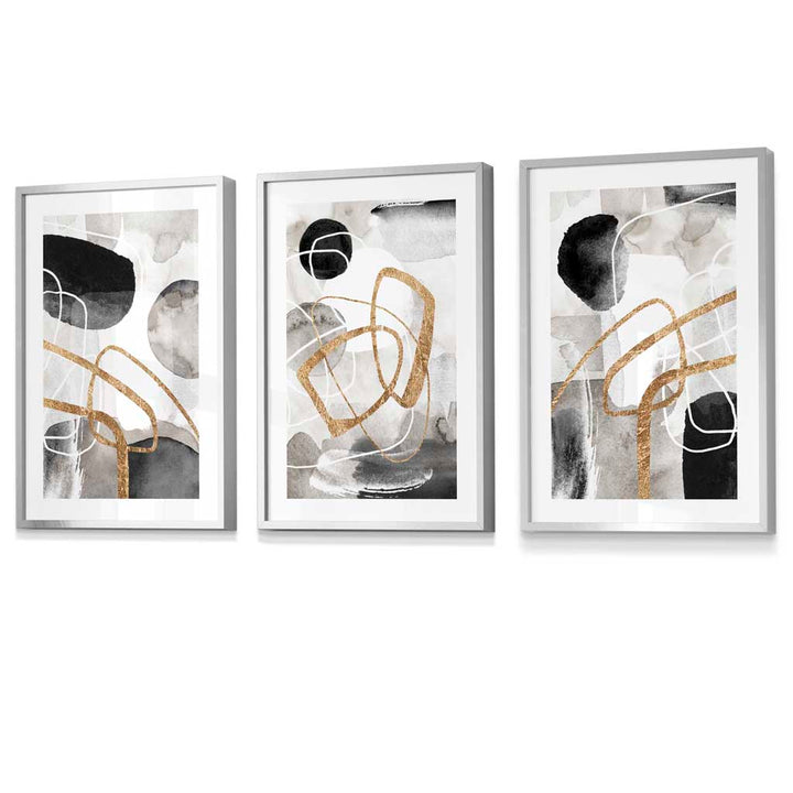 Abstrakte schwarze, graue und goldene Formen, Set aus 3 gerahmten Wandbildern
