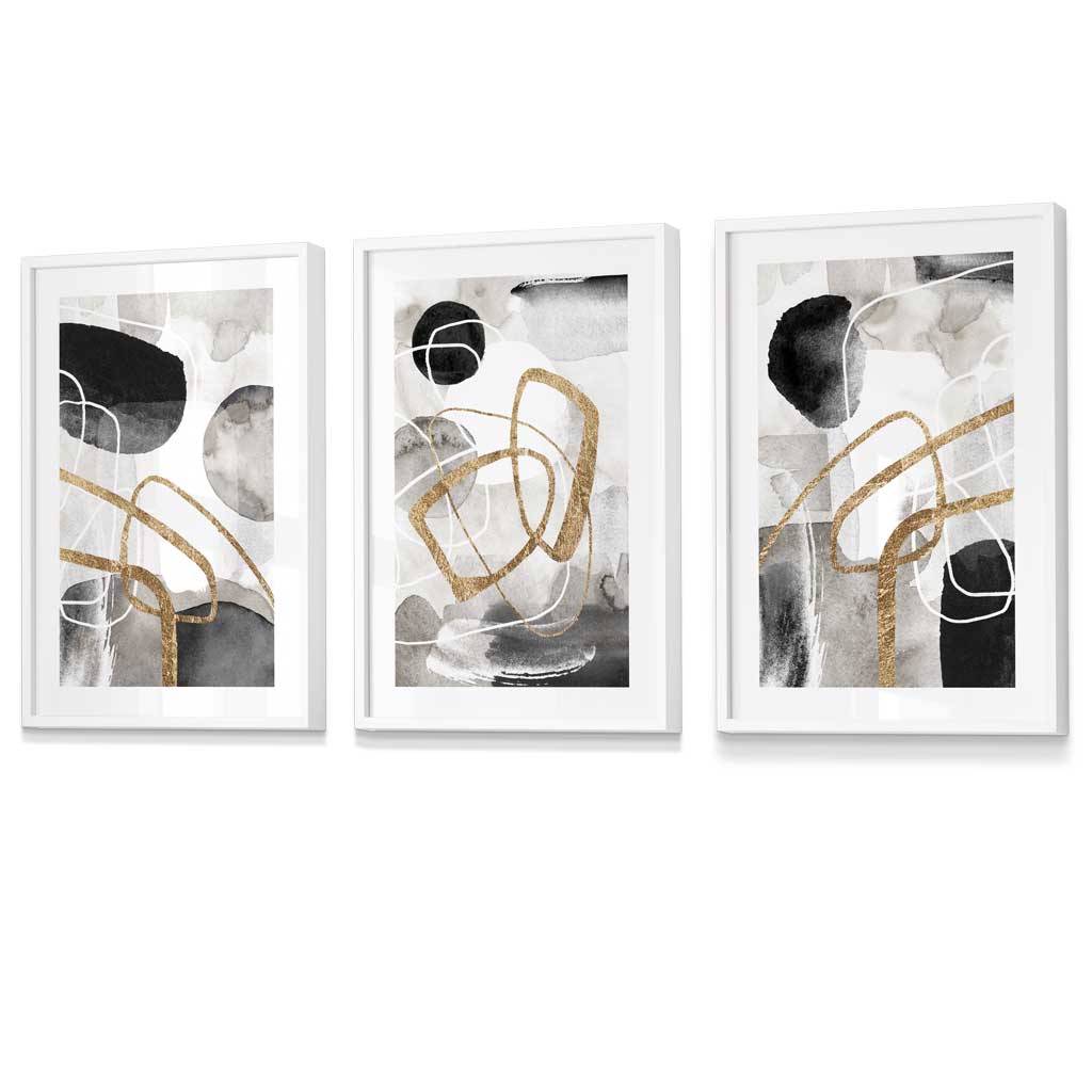 Abstrakte schwarze, graue und goldene Formen, Set aus 3 gerahmten Wandbildern