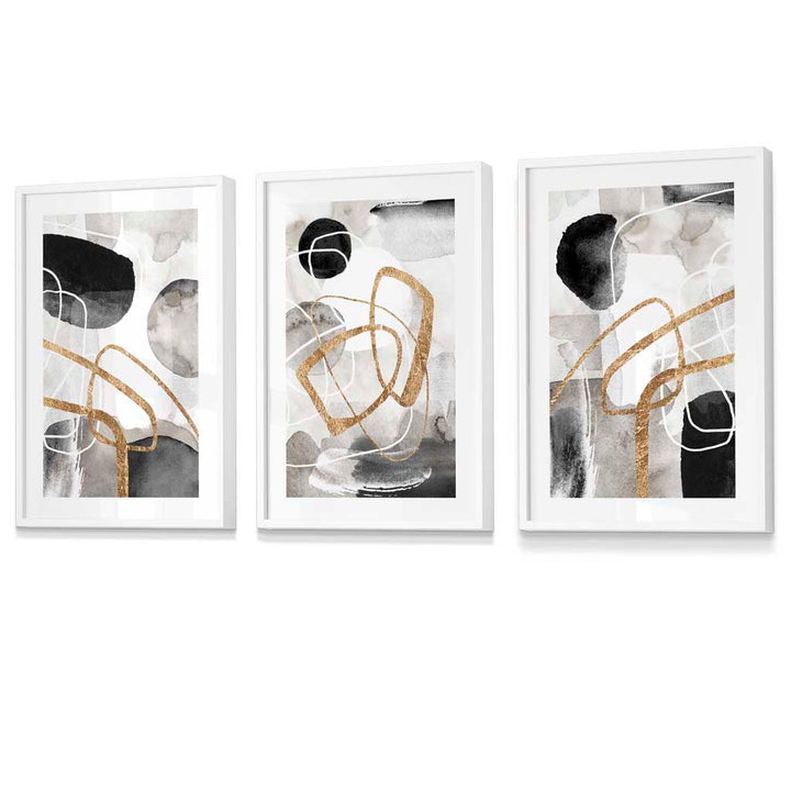 Abstrakte schwarze, graue und goldene Formen, Set aus 3 gerahmten Wandbildern