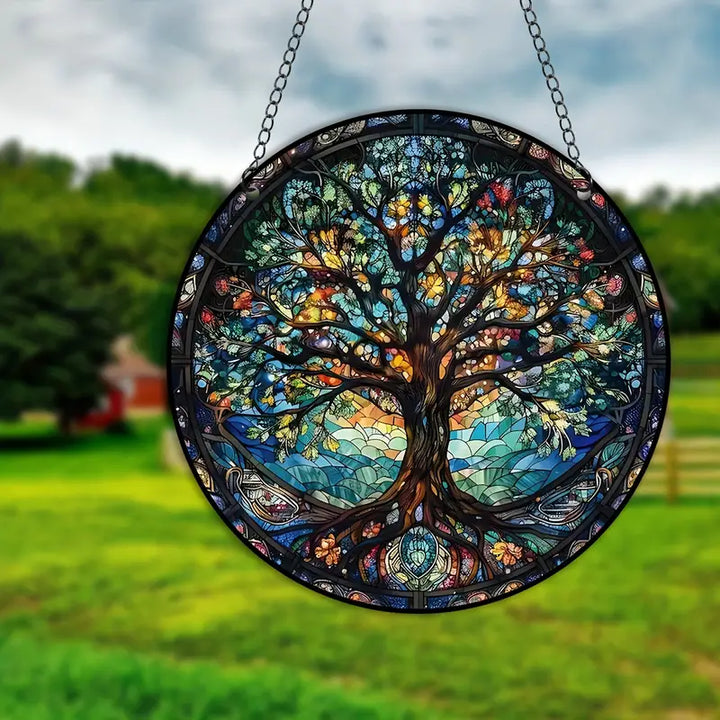Wandbild mit Baummotiv aus Buntglas, hängend
