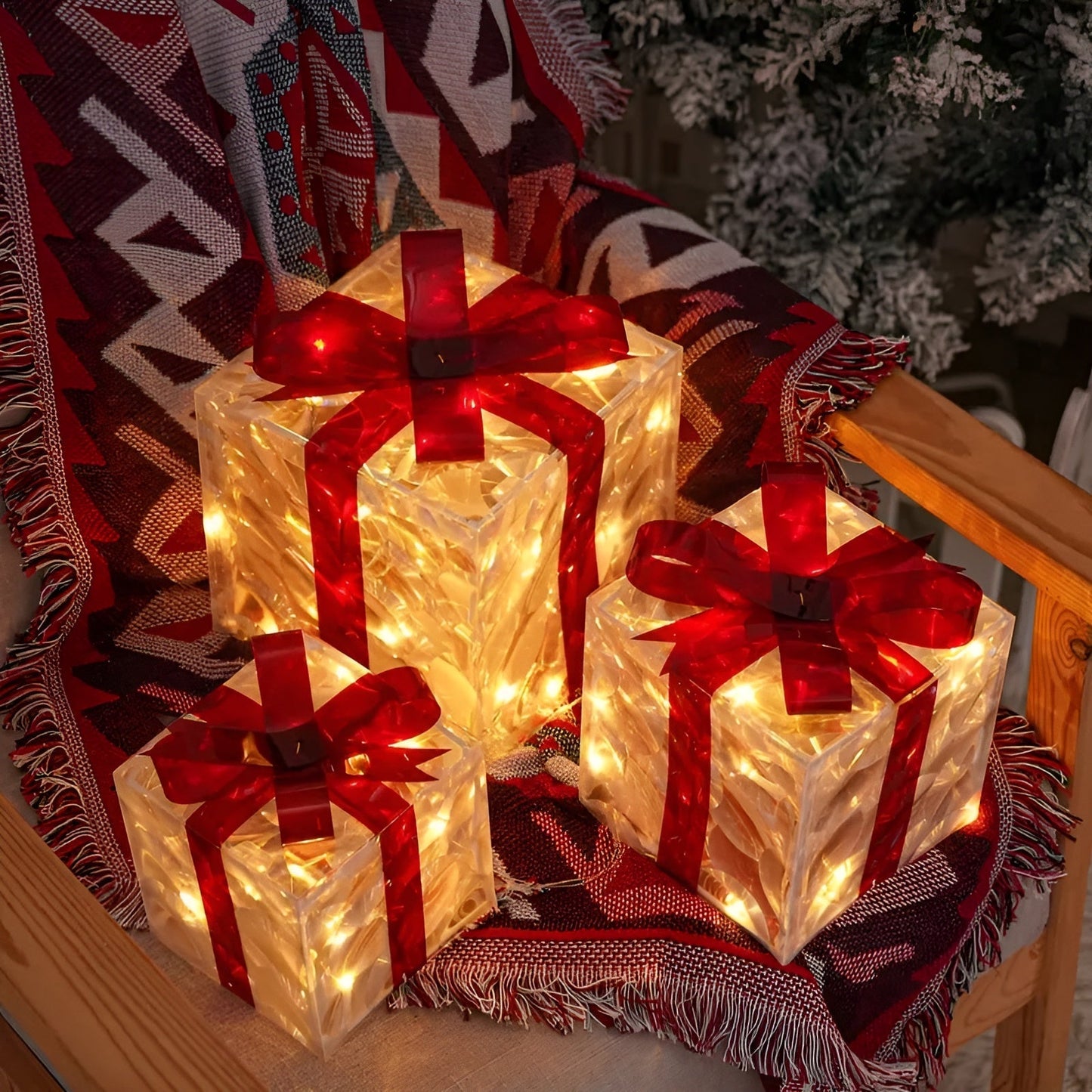 Leuchtende Geschenkboxen im 3er-Set – Transparente Weihnachtsdekoration mit roten Bändern | Für drinnen und draußen