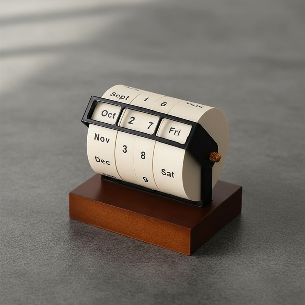 Mid-Century Rotierender Holz Perpetual Schreibtischkalender | Karnz