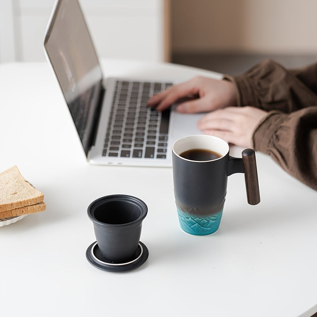 Karnz | TeaCraft Ceramic Mug | Handcrafted | With Tea Filter and Wooden Handle | Retro Design