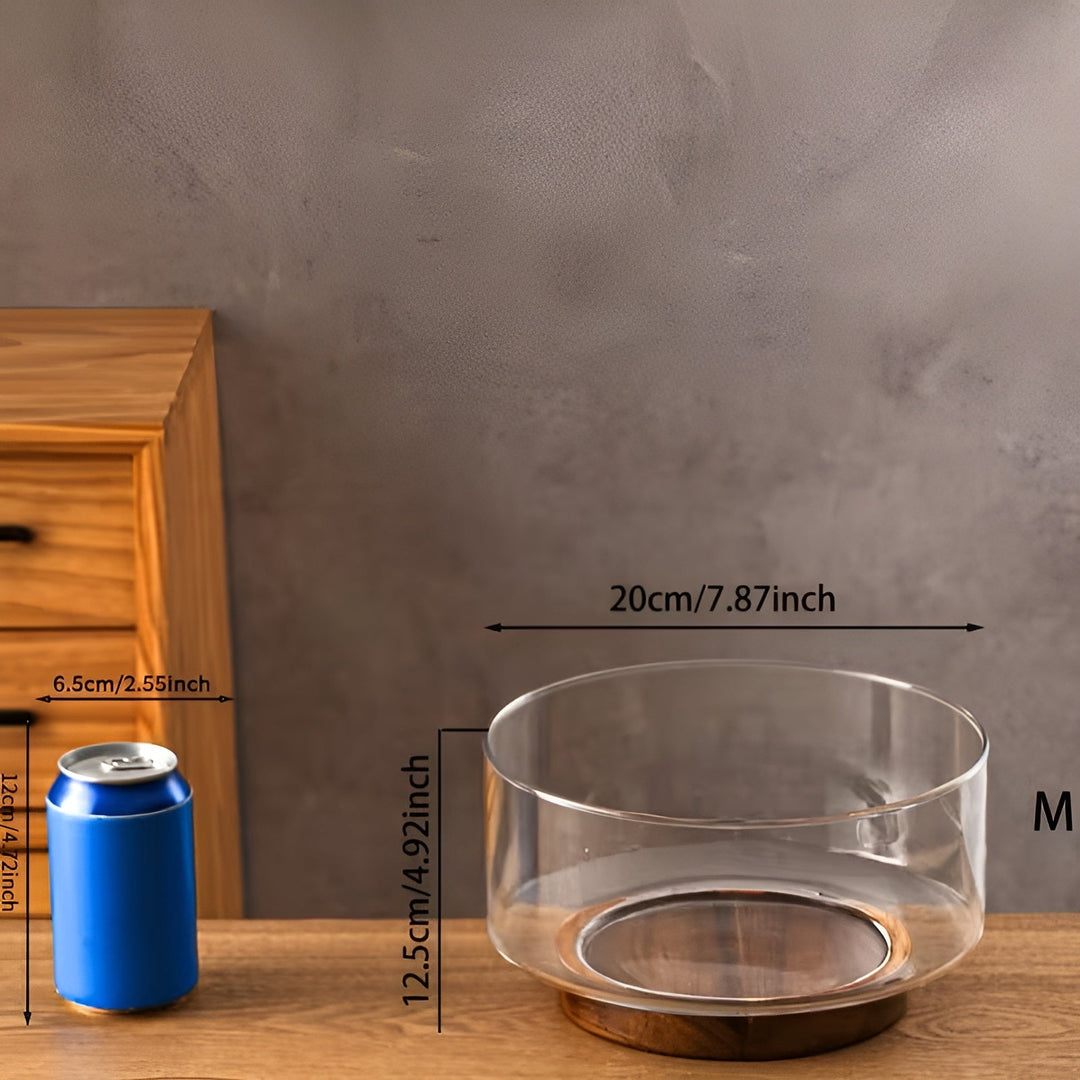 Glas-Schale mit Holzsockel – Elegant und dekorativ | Perfekt für Obst, Snacks und Salate in der Küche