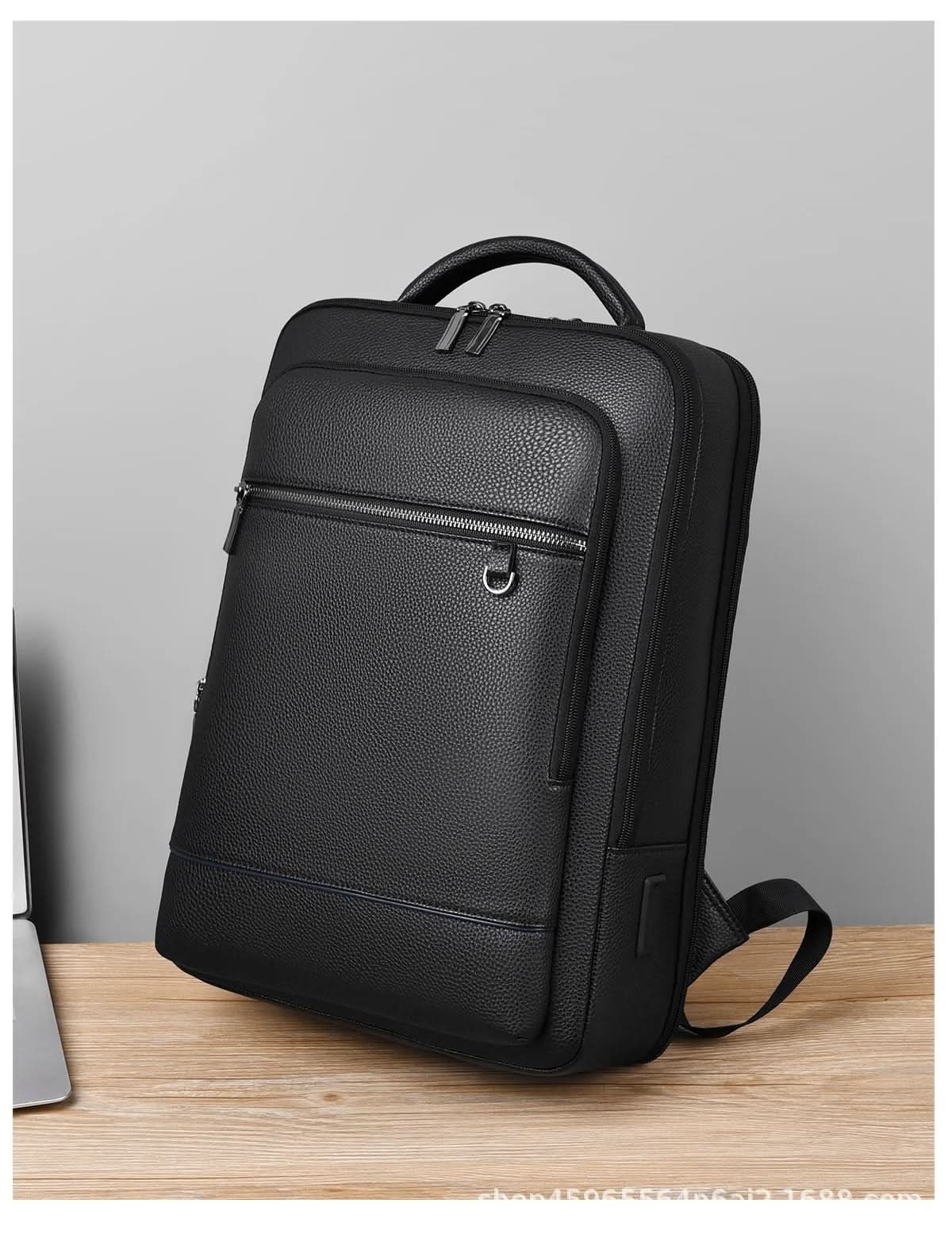 Eleganter Lederrucksack für Damen und Herren mit USB-Anschluss für Laptop und den täglichen Gebrauch, 15,6 Zoll, schwarz