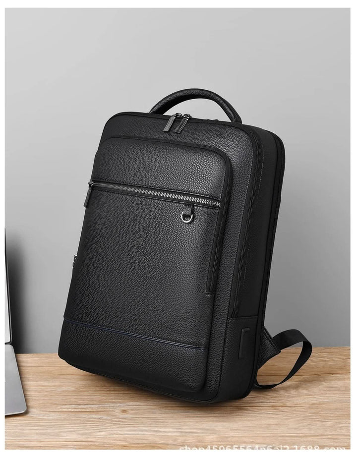 Eleganter Lederrucksack für Damen und Herren mit USB-Anschluss für Laptop und den täglichen Gebrauch, 15,6 Zoll, schwarz