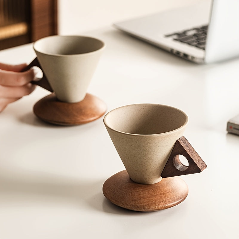 BaristaLuxe Keramische Kaffeetasse 250ml – Handgemacht mit Holzgriff und Untersetzer | Karnz