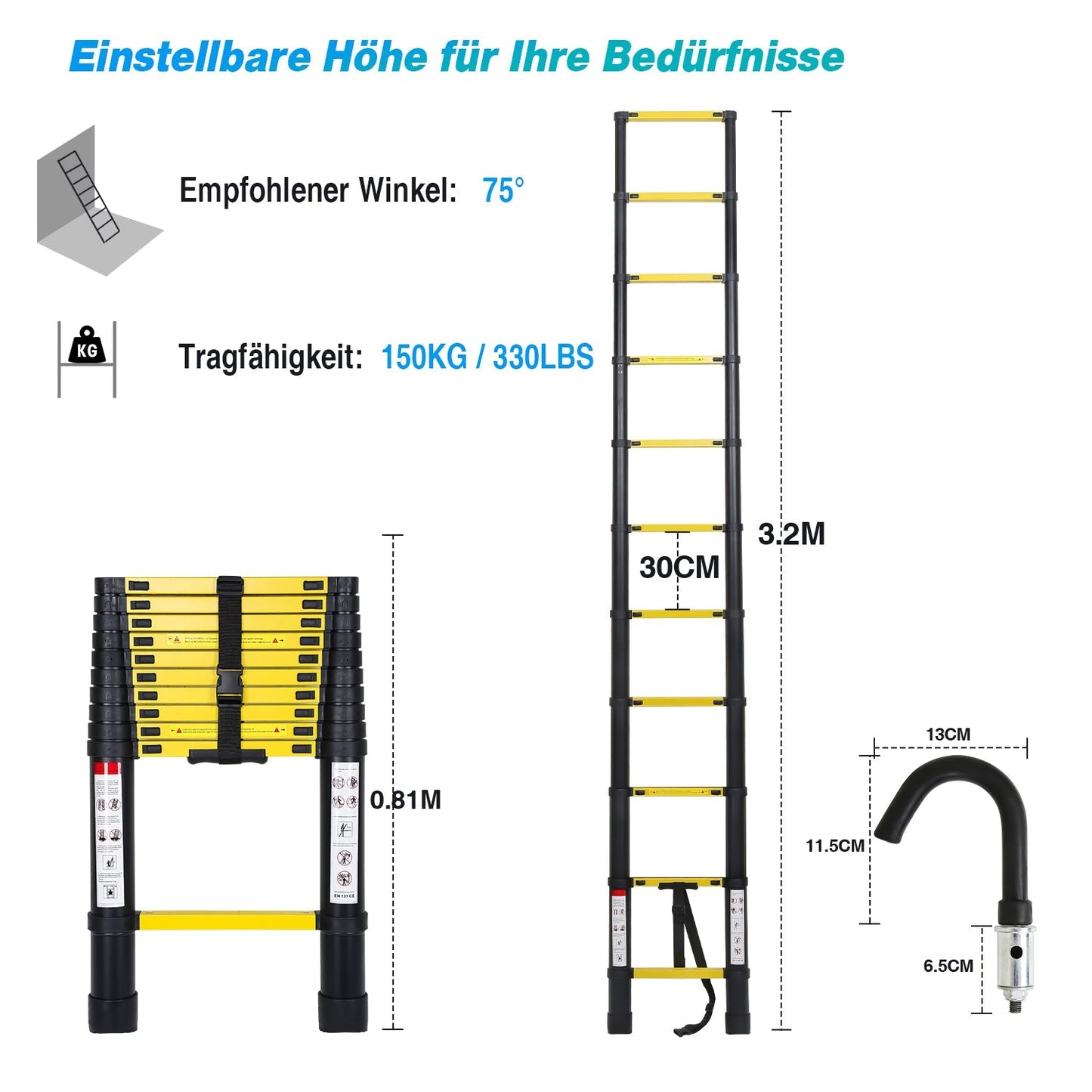 Teleskopleiter Aluminium mit Abnehmbarem Haken | Karnz