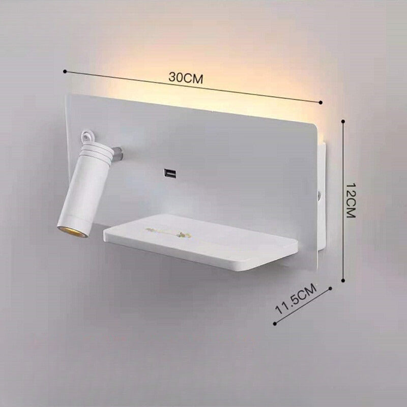 Moderne LED Wandleuchte mit USB-Anschluss, Wandlampe mit Regal für Schlafzimmer & Büro | Karnz