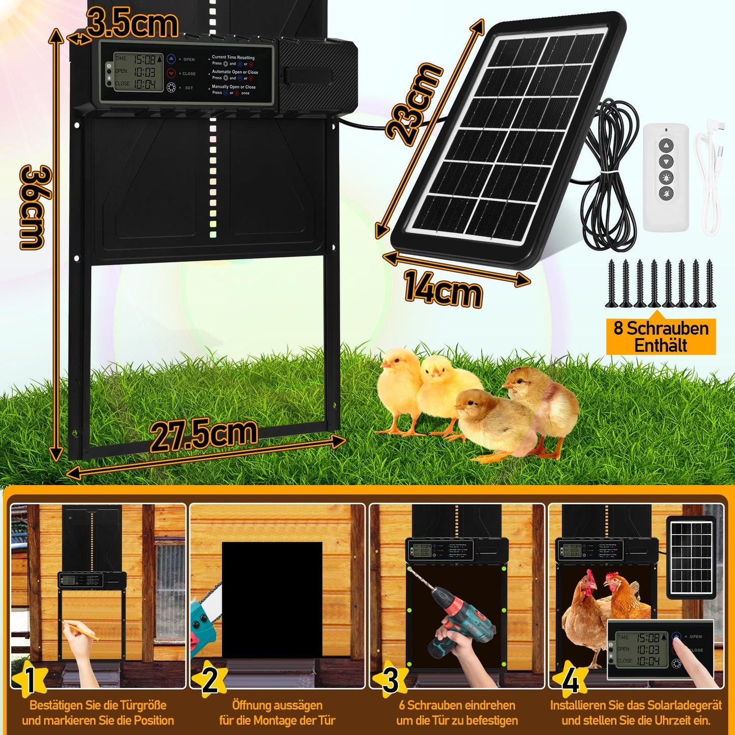 Elektrische Hühnerklappe Solar mit LED Display und Fernbedienung | Karnz