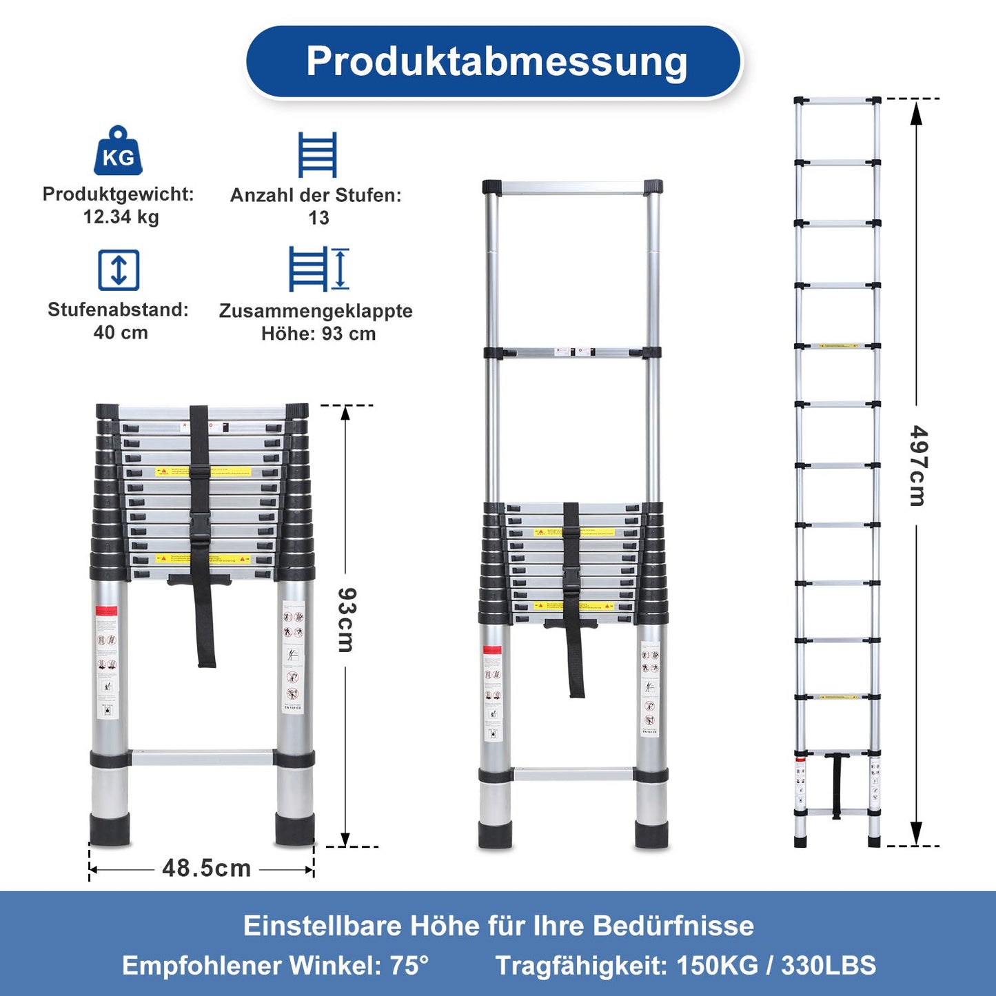 Teleskopleiter Aluminium Belastbarkeit bis zu 150kg 2.6m-5m | Karnz