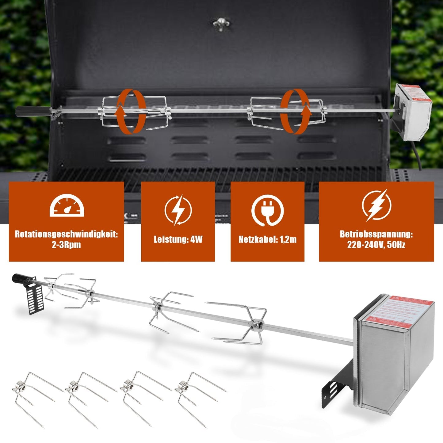 BBQ Grillspieß Edelstahl Motor 4x Fleischnadel | Karnz
