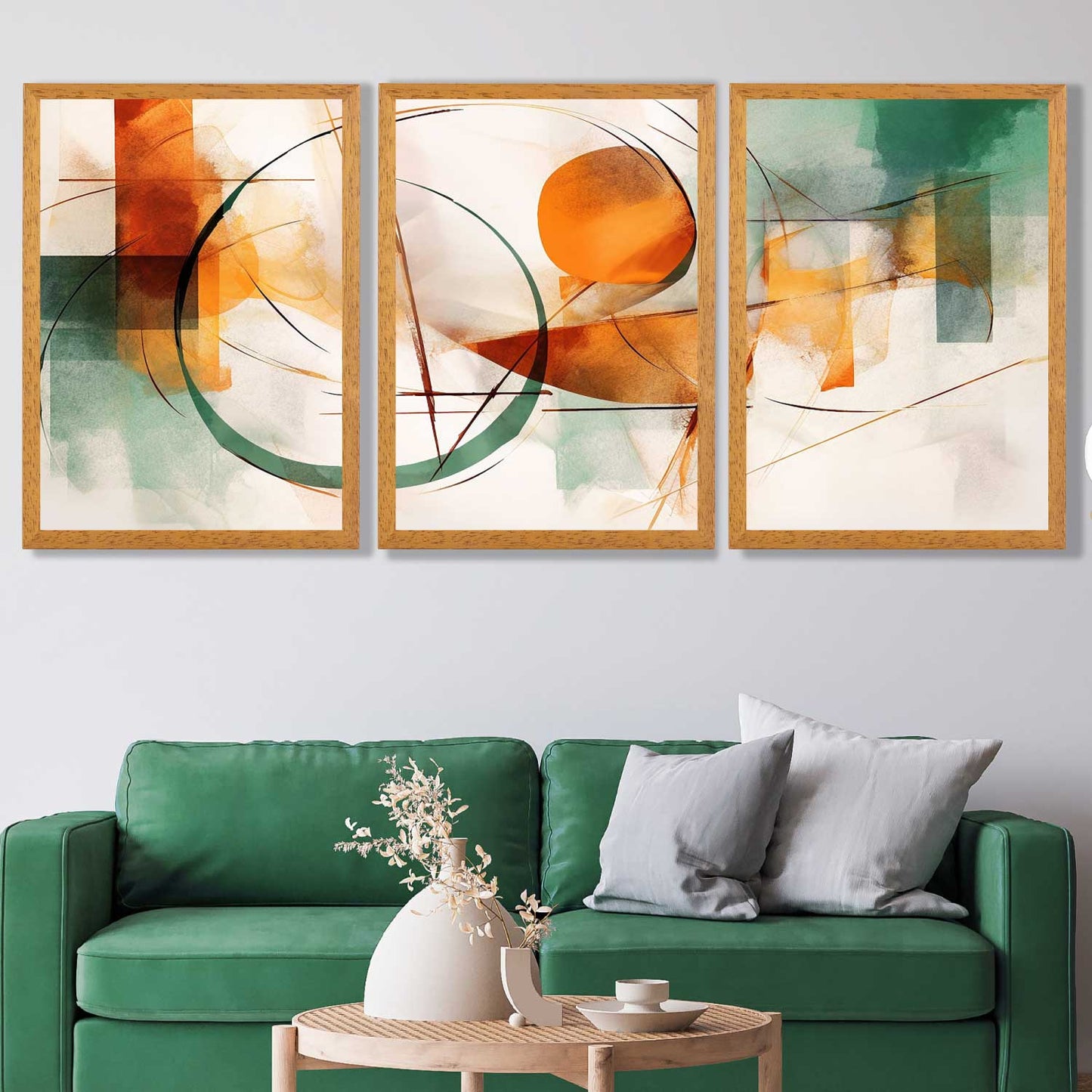 Abstraktes Set aus 3 Wandbildern in Grün und Orange