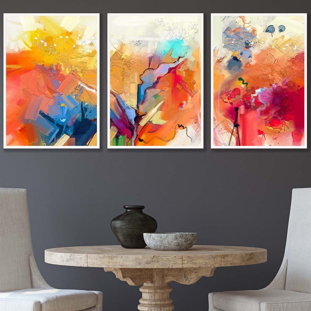 Abstraktes, farbenfrohes Set aus 3 Wandbildern in Orange, Rosa und Rot