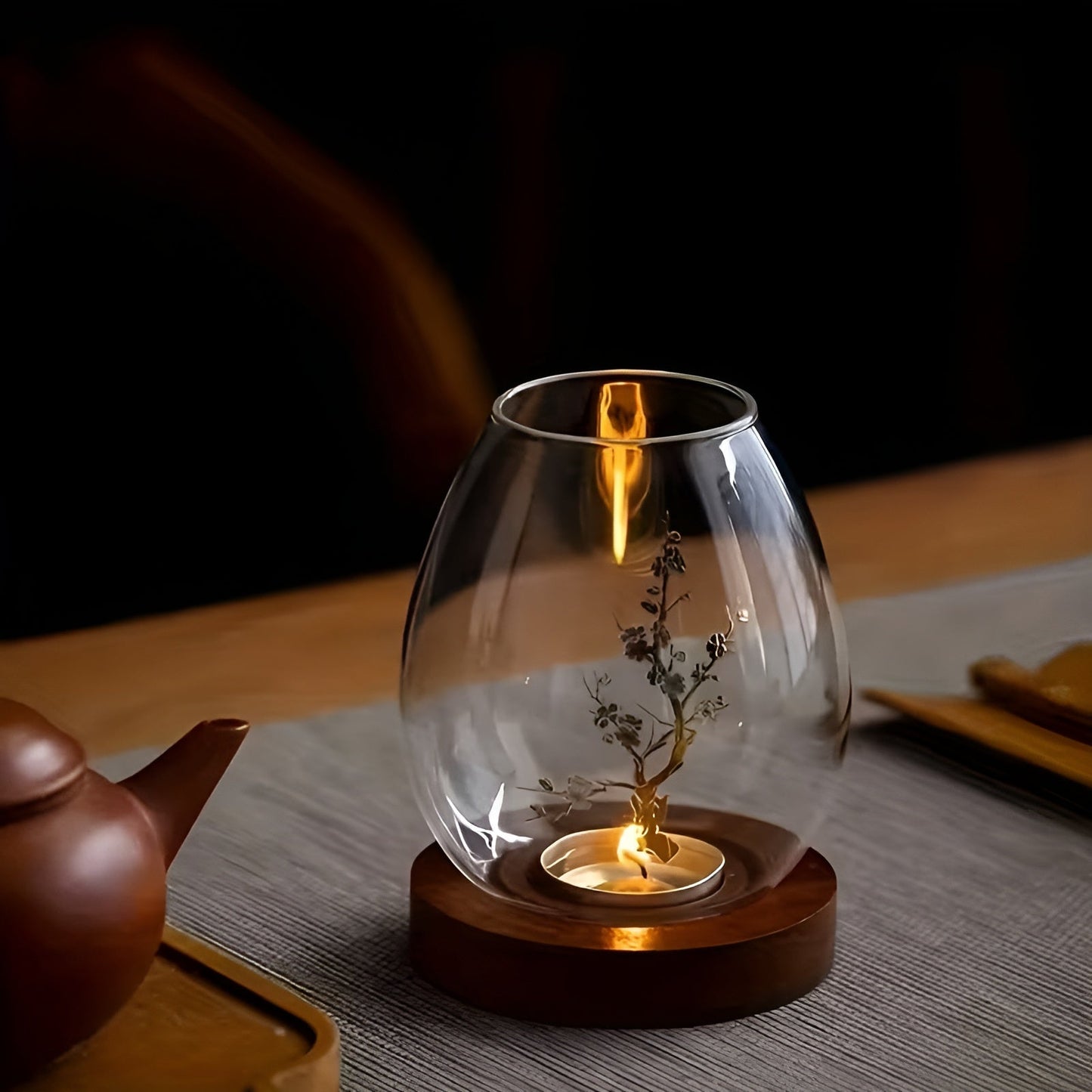 2-teiliges Set aus Glaskerzenhaltern mit Holzsockel – dekorativ im Retro-Zen-Stil | Perfekt für Wohnzimmer, Terrasse und Außenbereich