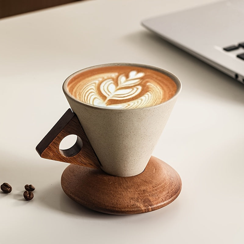 BaristaLuxe Keramische Kaffeetasse 250ml – Handgemacht mit Holzgriff und Untersetzer | Karnz