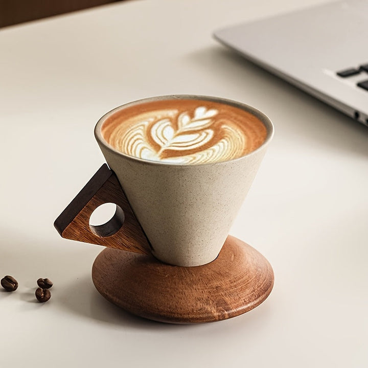 BaristaLuxe Keramische Kaffeetasse 250ml – Handgemacht mit Holzgriff und Untersetzer | Karnz