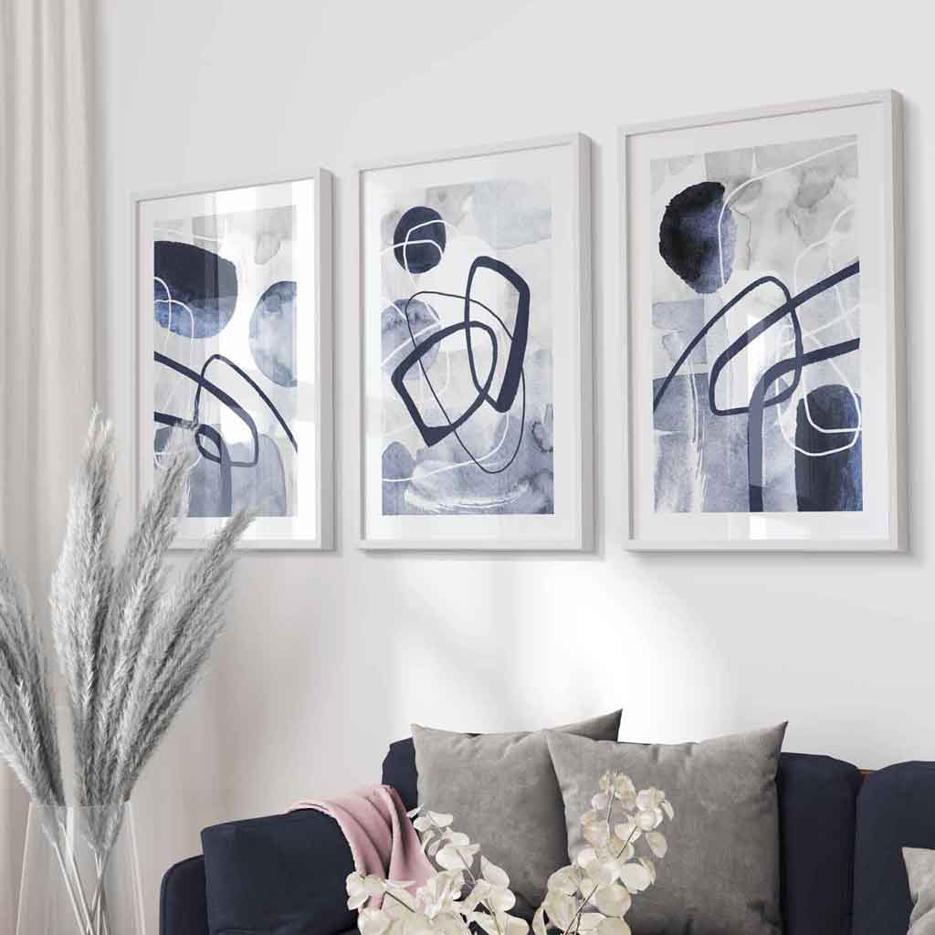 Abstrakte marineblaue Formen, 3er-Set gerahmter Wandbilder