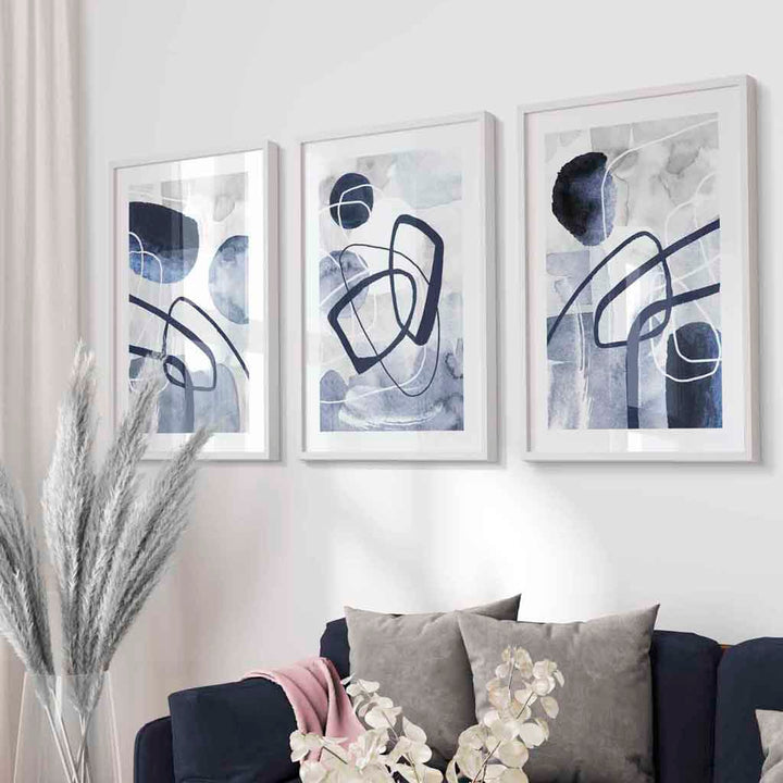Abstrakte marineblaue Formen, 3er-Set gerahmter Wandbilder