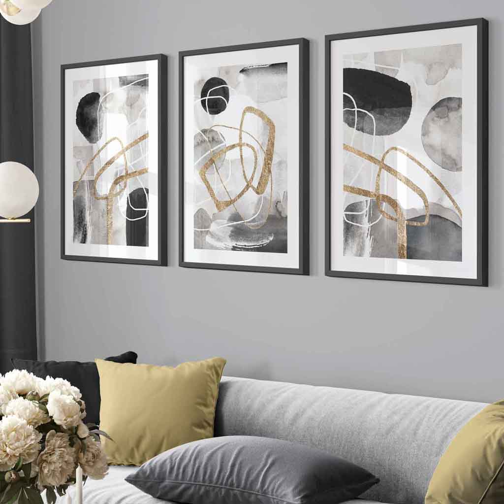 Abstrakte schwarze, graue und goldene Formen, Set aus 3 gerahmten Wandbildern