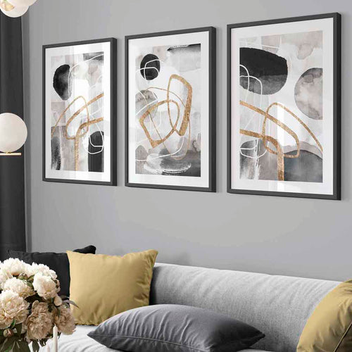 Abstrakte schwarze, graue und goldene Formen, Set aus 3 gerahmten Wandbildern