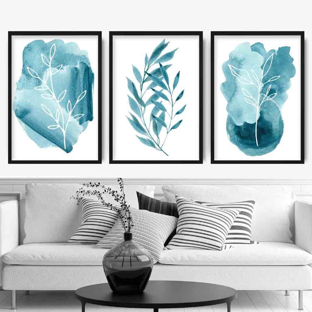 ABSTRAKT Set aus 3 aquablauen floralen Wandbildern