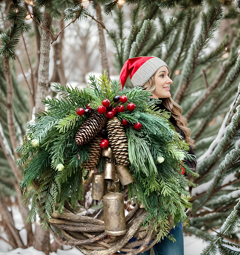 Weihnachtskranz | Boho-Stil | Rustikaler Rankenkranz mit Tannenzapfen und goldenen Glöckchen