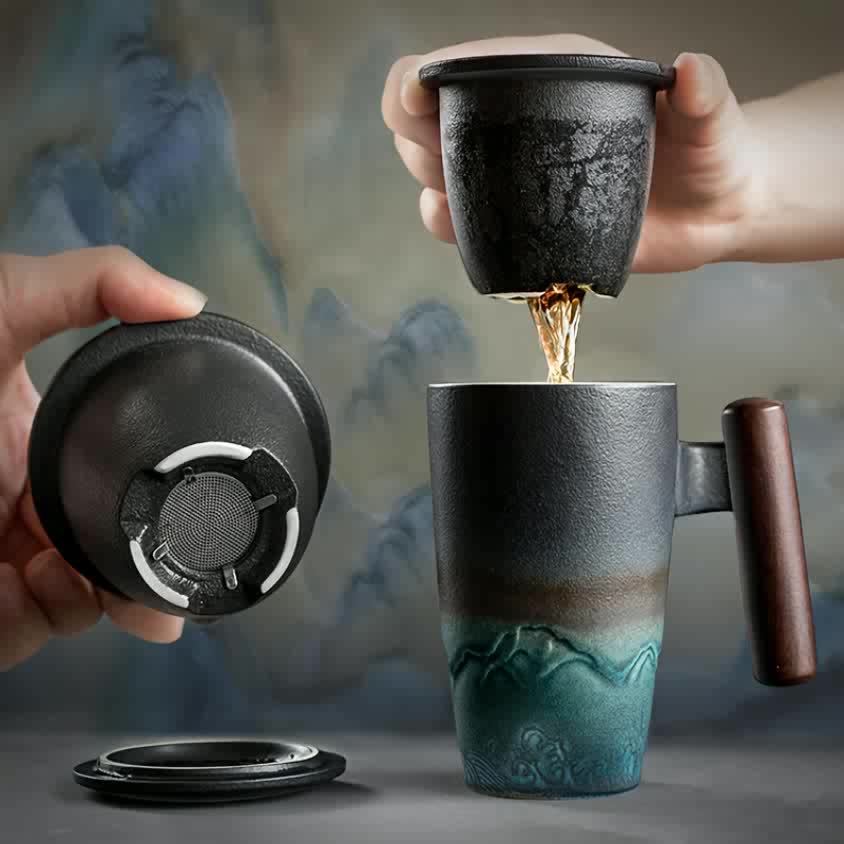 Karnz | TeaCraft Ceramic Mug | Handcrafted | With Tea Filter and Wooden Handle | Retro Design
