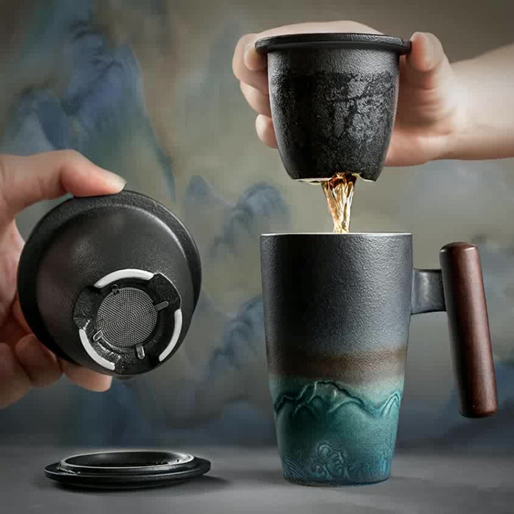Karnz | TeaCraft Ceramic Mug | Handcrafted | With Tea Filter and Wooden Handle | Retro Design
