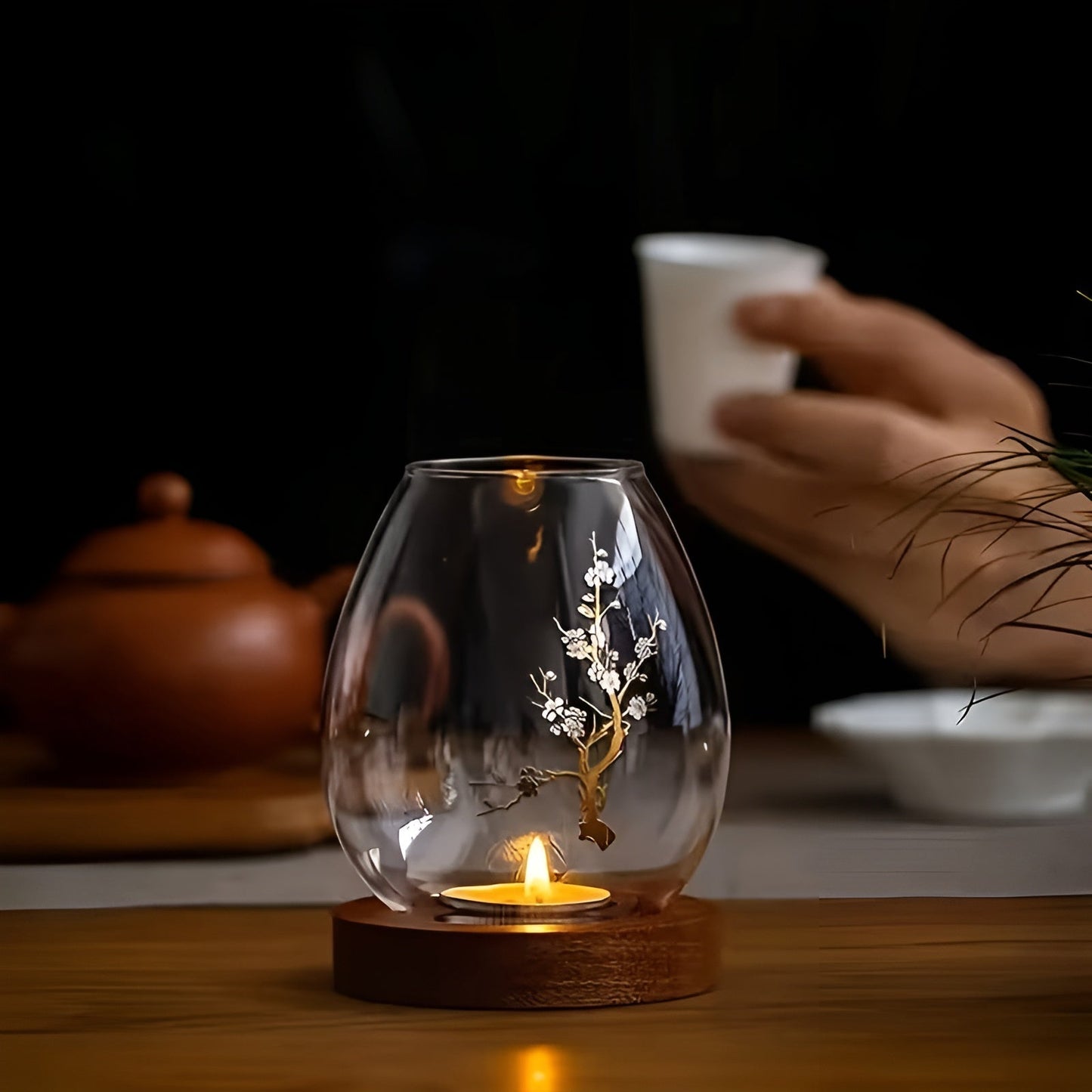 2-teiliges Set aus Glaskerzenhaltern mit Holzsockel – dekorativ im Retro-Zen-Stil | Perfekt für Wohnzimmer, Terrasse und Außenbereich