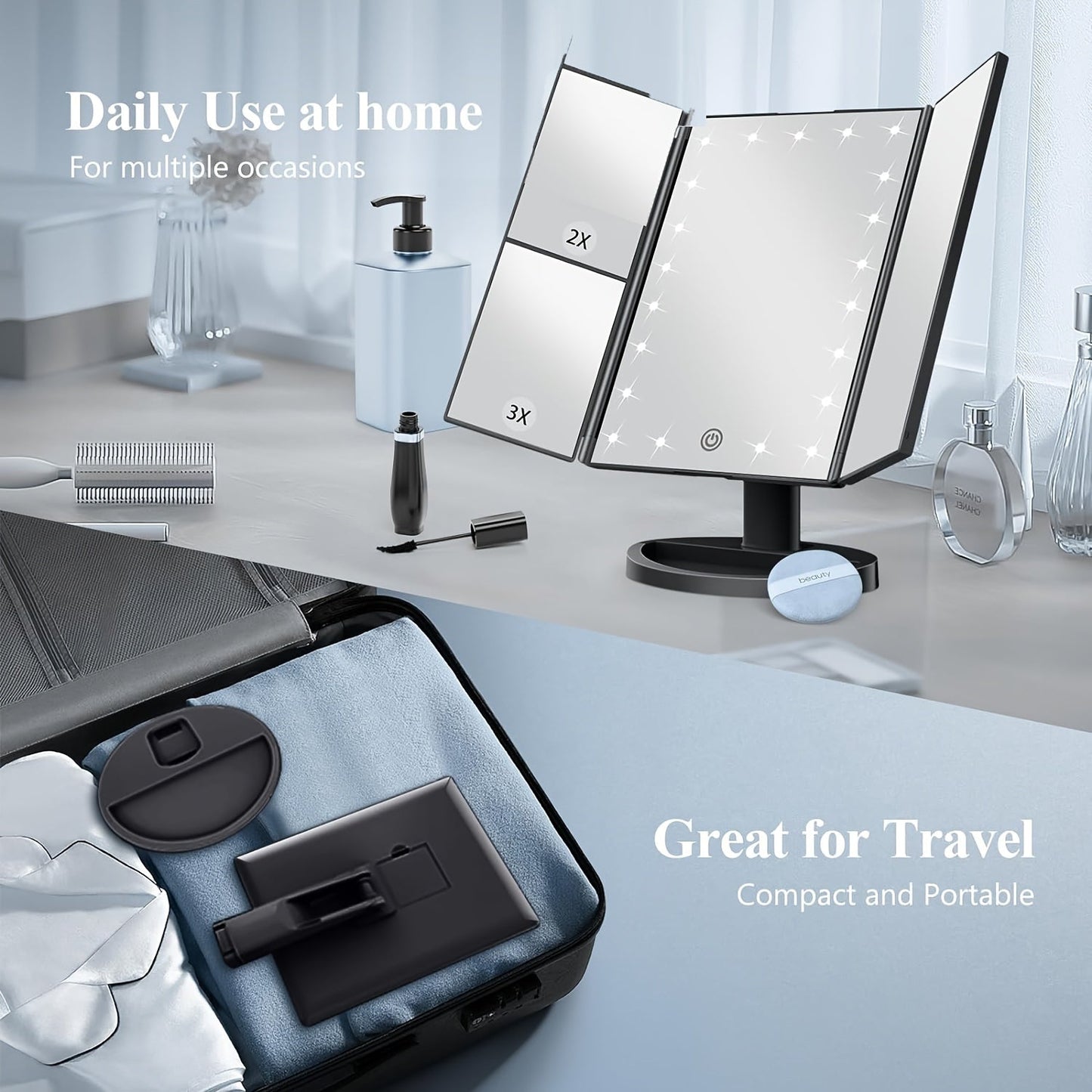 GlowMirror – Zusammenklappbarer LED-Make-up-Spiegel mit 3x/2x Vergrößerung | Karnz