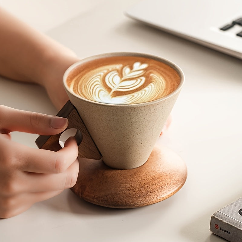 BaristaLuxe Keramische Kaffeetasse 250ml – Handgemacht mit Holzgriff und Untersetzer | Karnz