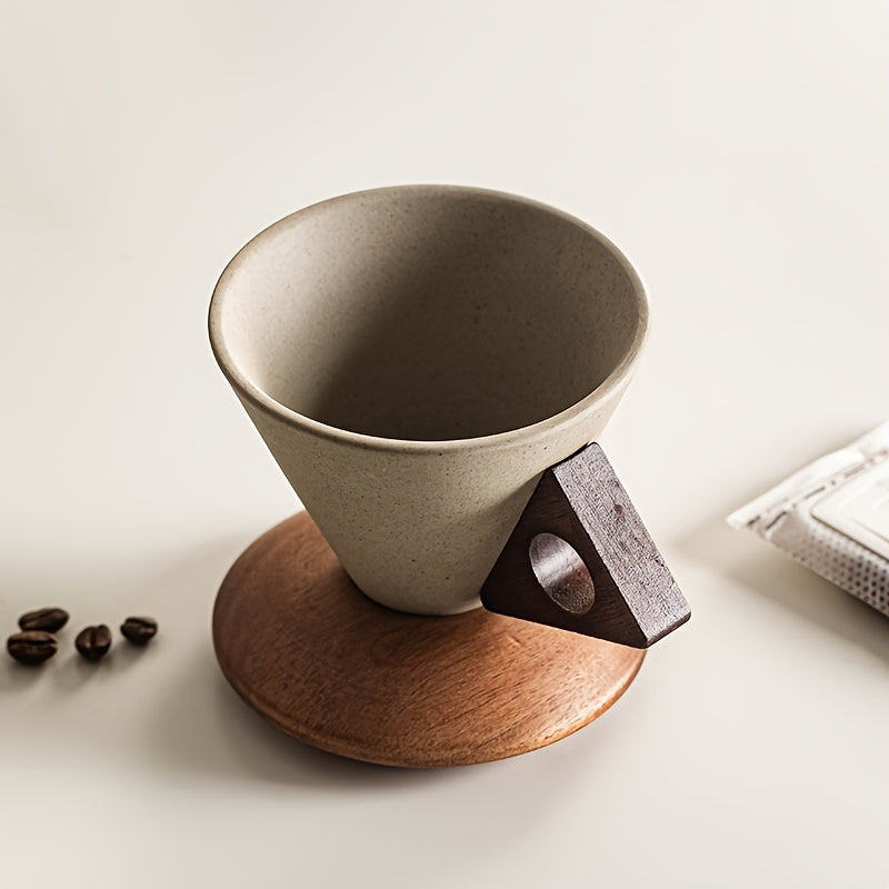 BaristaLuxe Keramische Kaffeetasse 250ml – Handgemacht mit Holzgriff und Untersetzer | Karnz